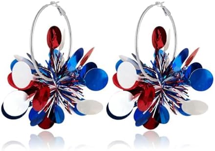 Glitter 4th of July Earrings for Women Colorful Garland Independence Day Patriotic Hoop Earrings American USA Flag Earrings Charm Red White Blue Hoop Firework Shiny Earrings