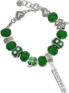 Sorority Sisters Forever Charm Bracelet - Delight Jewelry Green Irish Luck Bead, Link Chain, Lobster Claw Clasp, Glass & Metal, 7.5