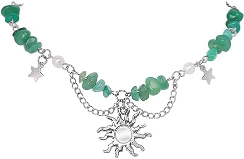 Sacina Boho Hippie Y2k Sun Necklace, Green Crystal Choker Necklace, Boho Necklace, Hippie Necklace, Y2k Necklaces, Christmas Jewelry Gift For Women