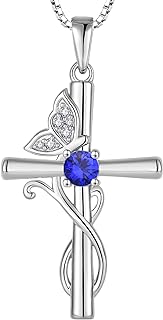STARCHENIE Sterling Silver Cross Necklace with Sapphire Butterfly Pendant and Cable Chain