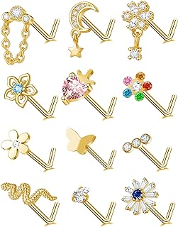 Tornito 12Pcs Nose Ring Nose Stud L Shaped Snake Butterfly CZ Flower Moon Dangle Nose Rings Stud for Women Men Silver Gold Tone 20G