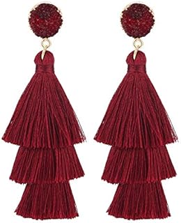 Push-Back Burgundy Drop Earrings with Gold-Plated Tassels for Women, Resin Stud Design