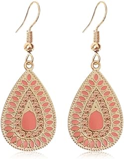 Bohemian Vintage Teardrop Dangle Earrings with Push Back Finding and Crystals for Women - Ethnic Leaf Design