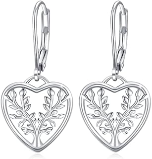 Leverback Hoop Drop Earrings in Sterling Silver with Heart and Tree of Life Design, Hypoallergenic for Sensitive Ears, Ideal Women's Gift