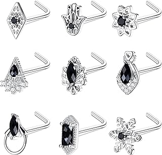 FIBO STEEL 9PCS 20G 316L Stainless Steel Nose Studs Indian Black Stone L-Shape Nose Rings Snowflake Hamsa Flower Rhombus Oval Geometric AAA+ Cubic Zirconia Simple Charm Nose Piercing Jewelry Silver Gold Tone