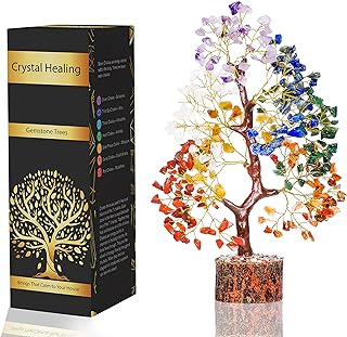 Healing Crystals Gemstones - 7 Chakra Tree for Positive Energy - Seven Chakra Tree of Life, Handmade Feng Shui Luck Figurine, Chakkra Chacra, Life Tree, Spiritual Good Luck Abundance Gift 10-12 Inch