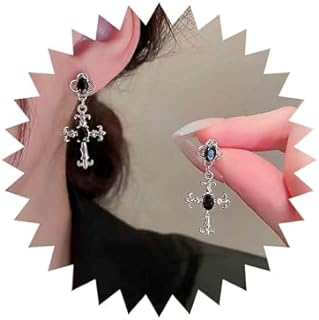 Vintage Silver Onyx Cross Earrings with Push Back Clasp and Black Crystal Details for Women and Girls