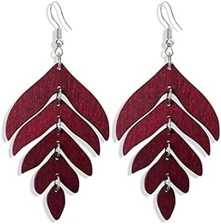 Handmade Lightweight Elegant Wooden Earring for Women - Statement Leaf Drop Dangle Earrings Bohemian Fashion Nature Wood Chain Leaf Earrings for Women Mom Sister Daughter Statement Jewelry Gifts