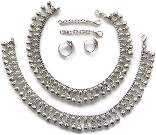 Anklet Pair Chain Bell Tassel Handcrafted | Boho Gypsy Goth Hippie Festival Vintage Style Ankle Bracelet Feet Jewelry | Womens Novelty Fashion Accessory | Indian Payal Metallic Silver Oxidized Finish