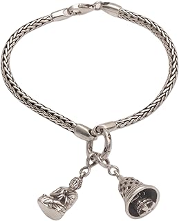 NOVICA Handmade .925 Sterling Silver Charm Bracelet from Bali No Stone Metallic Indonesia Geometric Buddhism 'Buddha's Stupa Bell'