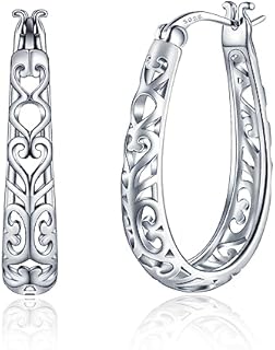 Vintage Filigree Hoop Earrings 925 Sterling Silver Lightweight Oval Hoop Earrings for Women Hypoallergenic Earrings