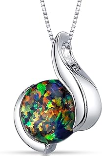PEORA Created Black Fire Opal Iris Solitaire Pendant Necklace for Women 925 Sterling Silver, 1.75 Carats Round Shape 8mm, with 18 inch Chain