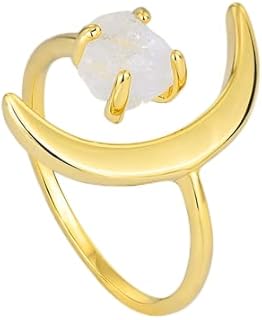 Dtja Crescent Moon Adjustable Open Band Ring for Women Girls 14K Gold Plated Statement Artificial Purple Crystal Stone Finger Rings Comfort Fit Fashion Birthday Wedding Valentine Jewelry Gift