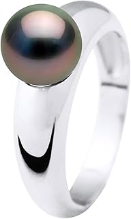 PEARLS & COLORS Bague Jonc en Argent Rhodié 925 avec Véritable Perle de Tahiti Ronde 8-9 mm - Qualité A+ et Garantie 2 Ans, Idéale pour Toutes Occasions Les Femme Taille 48
