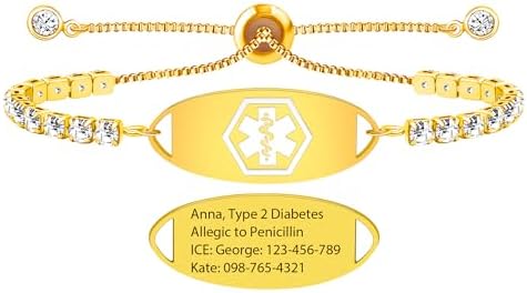 Stylish and Practical Cubic Zirconia Gold Medical ID Bracelet with a Durable Stainless Steel and Brass Chain for Ladies