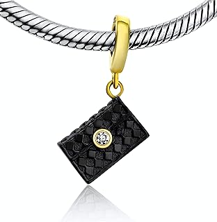 Designer Purse Bag Gold Black on 925 Sterling Silver Pendant Charm Bead For Pandora & Similar Charm Bracelets or Necklaces
