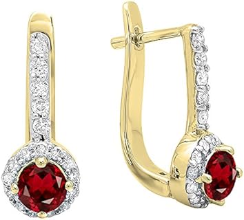 Hinged Post 14K Yellow Gold Garnet Hoop Earrings with Diamond Halo for Ladies, Round Design