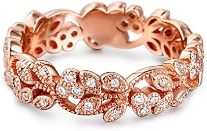 Jeulia Diamond Floral Ring Wedding Band: Sterling Silver Two Tone Leaf Carved Vintage Unique Hollow Flower Rose Gold Jewelry Engagement Bridal Sets Stackable Promise with Gift Box