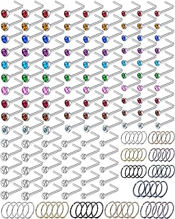 Guicjwl 180Pcs 20G Surgical Stainless Steel Nose Rings Hoops Straight/L Shapes Nose Studs 2.0/2.5/3.0mm Cubic zirconia Hypoallergenic Nose Studs Silver Gold Rose Gold Black Rainbow Blue Lip Rings Nose Rings Piercing Jewelry Set for Women Men