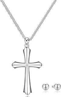 925 Sterling Silver Cross Pendant Necklace for Women and Men - 1.2mm Sterling Silver Wheat Chain - 5mm sterling silver ball stud earrings-Available Size 18/20/22 Inch