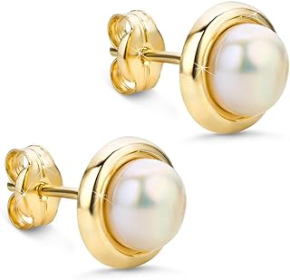 14K Yellow Gold Push Back Pearl Stud Earrings for Women - Classic Hoop Design with 8mm Freshwater Pearl - Elegant Handcrafted Italian Jewelry - Ideal Gift for Birthdays, Anniversaries