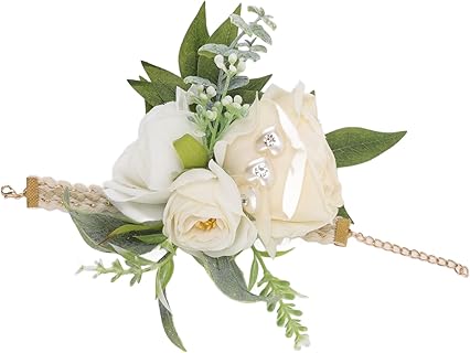 BuyWeek Bracelet de Fleurs de Mariée avec Roses Blanches et Feuilles Vertes, en Matériau ABS et Poignée Souple, Idéal pour Mariages et Événements Festifs