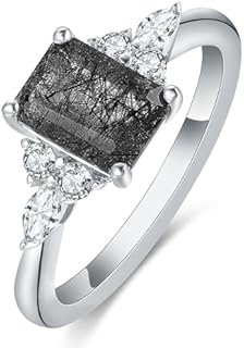 Natural Black Rutilated Quartz Engagement Ring 2CT 6x8mm Emerald Cut Women's Engagement Rings Minimalist Rings Wedding Rings Platinum Plated 925 Sterling Silver Women's Promise Ring.