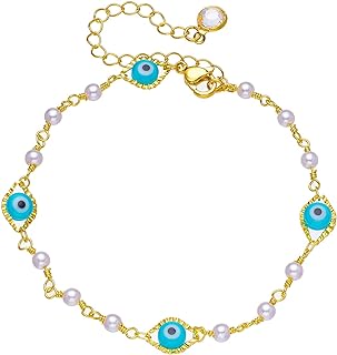 18K Gold Pearl Anklets for Women Gold Link Chain Red Butterfly Ankle Bracelet Handmade Blue Evil Eye CZ Colorful Anklet with Zircon Boho Beach Dainty Cute Tiny Foot Chain for Women Teen Girls