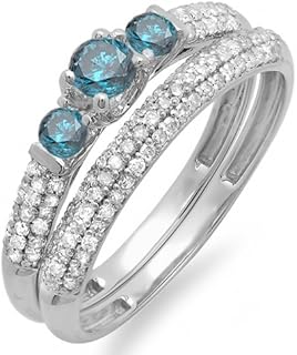 14k White Gold Three-Stone Ladies Bridal Engagement Ring with Striking Round Blue and White Diamonds, Sized for Women with Elegant Design