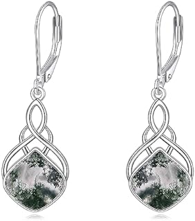 Lever Back Moss Agate Drop Earrings for Women and Girls - Sterling Silver Celtic Knot, Teardrop Design - Irish Jewelry Gift