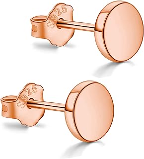 Rose Gold Plated Sterling Silver Push Back Dot Stud Earrings for Men and Women with Round Disc Design