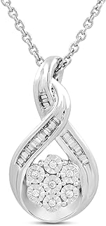 Jewelili Sterling Silver 1/10 Cttw Natural White Baguette and Round Cut Diamond Cluster Twisted Pendant Necklace, 18" Rolo Chain