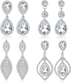 LOYALLOOK 4Pairs Crystal Clip on Earrings for Women Crystal Teardrop Wedding Earrings for Brides Bridesmaids Long Drop Dangle Clip Earrings Set for Prom Party Non Pierced Jewelry
