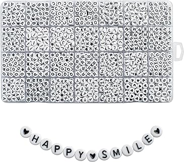 Clasp-Style 1400 Piece Letter Beads for Bracelets in Acrylic with Round Design for Crafters - White & Black WHEAZIENS Set