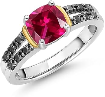 Gem Stone King 925 Silver and 10K Yellow Gold Red Created Ruby and Black Diamond Engagement Ring For Women (1.14 Cttw, Gemstone July Birthstone, Cushion 6MM, Available in Size 5,6,7,8,9)