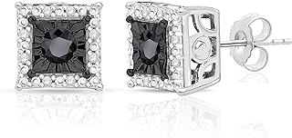 NATALIA DRAKE Black Diamond Stud Earrings for Women or Men in Rhodium Plated Sterling Silver Halo Style Flat Back Post Earring
