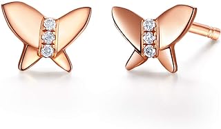 Carleen 14k Solid Rose Gold Real Genuine 0.06cttw Diamond Small Cute Butterfly Stud Earrings Valentines Day Gifts for Her Women Girlfriend Wife