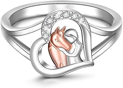 Horse Ring for Women Sterling Silver Cute Animal Heart Girls and Horse Rings Jewelry Charms Friendship Wedding Christmas Valentines Mothers Day Gifts