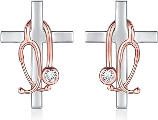 Cubic Zirconia Embellished Sterling Silver Cross Stud Earrings with Stethoscope Design for Medical Professionals/Women