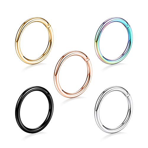 FUNLMO 5Pcs / 3Pcs 20G 18G 16G Hinged Nose Rings Hoop 316L Surgical Steel Seamless Piercing Rings for Nose Septum Cartilage Helix Tragus Conch Rook Daith Lobe Diameter 6mm to 14mm