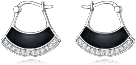 Hinged Hoop Black Onyx Sterling Silver Earrings for Women and Girls - Fan-shaped Design