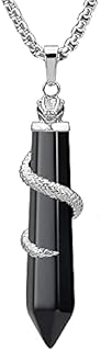 BEADNOVA Healing Crystal Necklace for Women Men Obsidian Snake Tail Wrap Pendant Energy Healing Gemstones Jewelry Pendulum Crystal Divination (Hexagonal, 18 Inches Stainless Steel Chain)