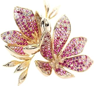 Pin Clasp 14K Yellow Gold Rose Quartz Brooch, Sparkling Moissanite Gemstones, Elegant Floral Lily Design, Luxurious Gift for Her