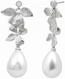 Floral Cultured Freshwater Pearl Drop Earrings, 14K White Gold Plated Sterling Silver Wedding Pearl Earrings, Certified Pearl Jewelry Gift (Ready to Gift)