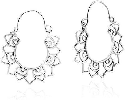 AeraVida Indo Balinese Style Lotus Flower Hinged Snapback Bohemian 925 Sterling Silver Hoop Earrings, Balinese Jewelry Earrings
