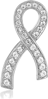LE VIAN White Sapphire 1 Inch Awareness Ribbon Lapel Pin Brooch in 14k White Gold with Post with Disc Closure