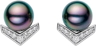 CHAULRI Lucky Chevron Top Grade AAA Genuine South Sea Tahitian Black Pearl Stud Earrings 18K White Gold Plated 925 Sterling Silver - Birthday Anniversary Jewelry Gifts for Women Wife Mom Daughter