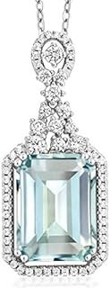 Spring Ring Clasp Sky Blue Simulated Aquamarine and Zirconia Pendant Necklace on Sterling Silver 18 Inch Cable Chain For Women, Emerald Cut Design