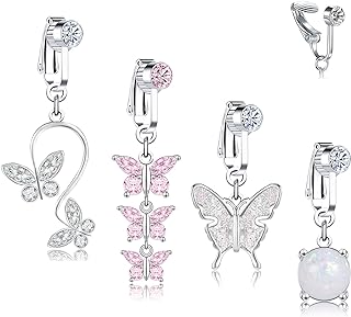 BodyAce 4pcs Fake Belly Rings Dangling Fake Belly Button Ring, Snake Evil Eye Heart Clip On Faux Navel Rings, Devil Butterfly Non Piercing Belly Jewelry