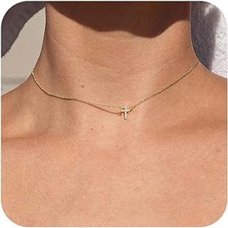 Cross Necklace for Women, Dainty 14K Gold Plated/Sterling Silver Choker Necklace Cute Tiny Cross Pendant Necklaces Simple Small Diamond Necklaces for Women Gold Jewelry for Women Girls